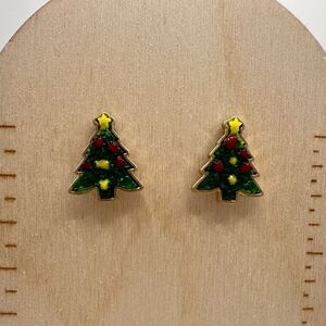Dainty Christmas Tree Stud Earrings Post Back Gold Green Red Yellow NEW Boutique